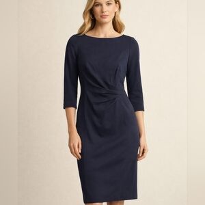 Ralph Lauren Navy Ruched Sheath Dress 3/4 Sleeve Classic Career